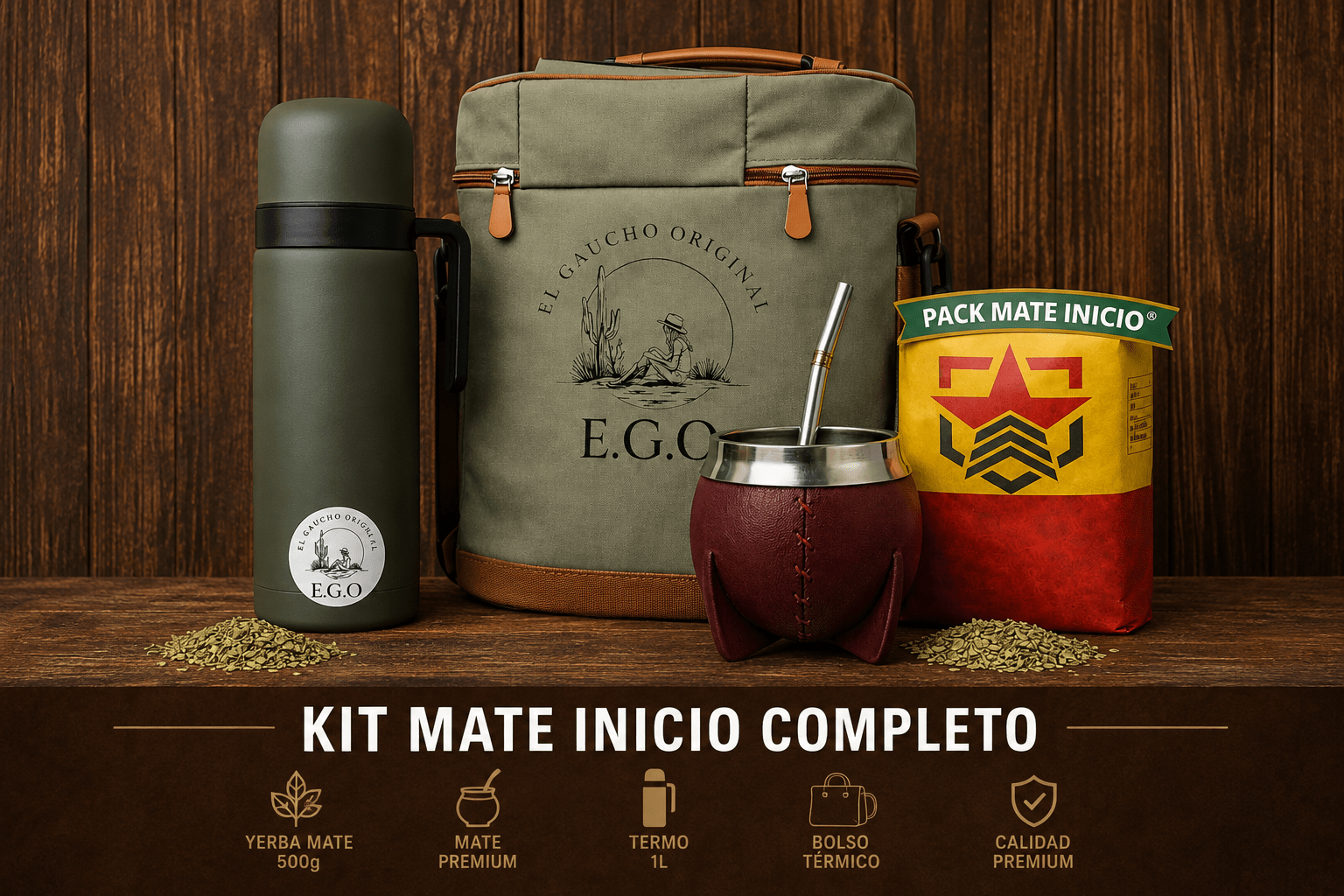 Bolso matero completo El Gaucho original con termo, pack mate y yerba
