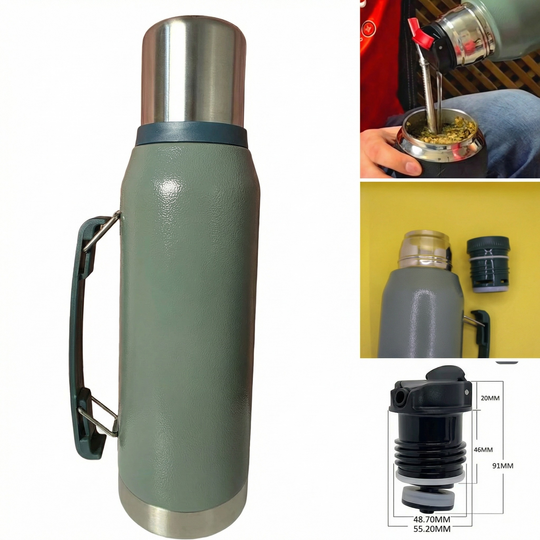 Termo acero 1L verde con tapón cebador para mate